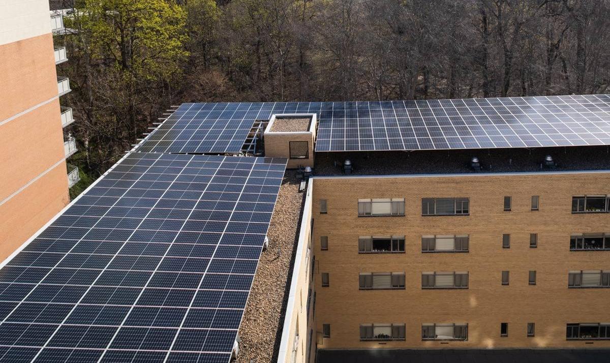 Aerial view of the roof of 3801 Connecticut Ave. after the solar canopy was installed