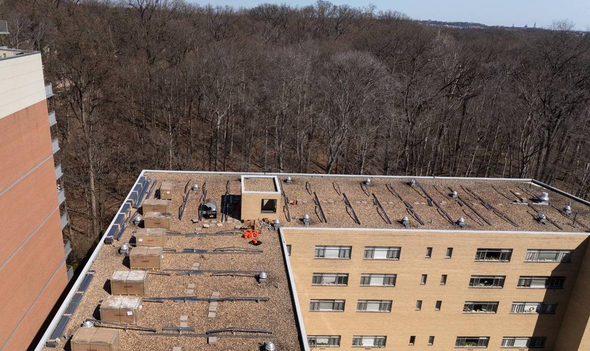 Aerial view of the roof of 3801 Connecticut Ave. before the solar canopy was installed