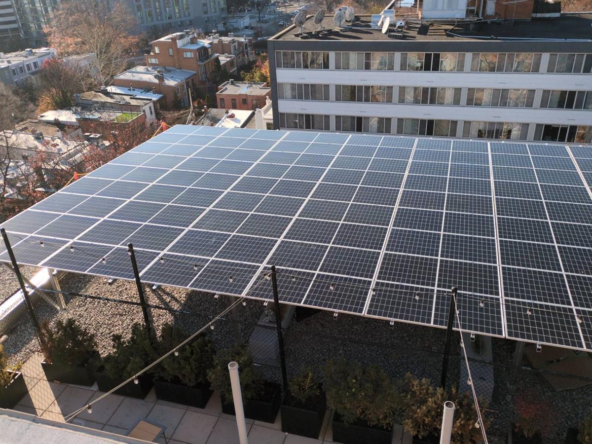 Aerial view of the solar canopy over the roof at 925