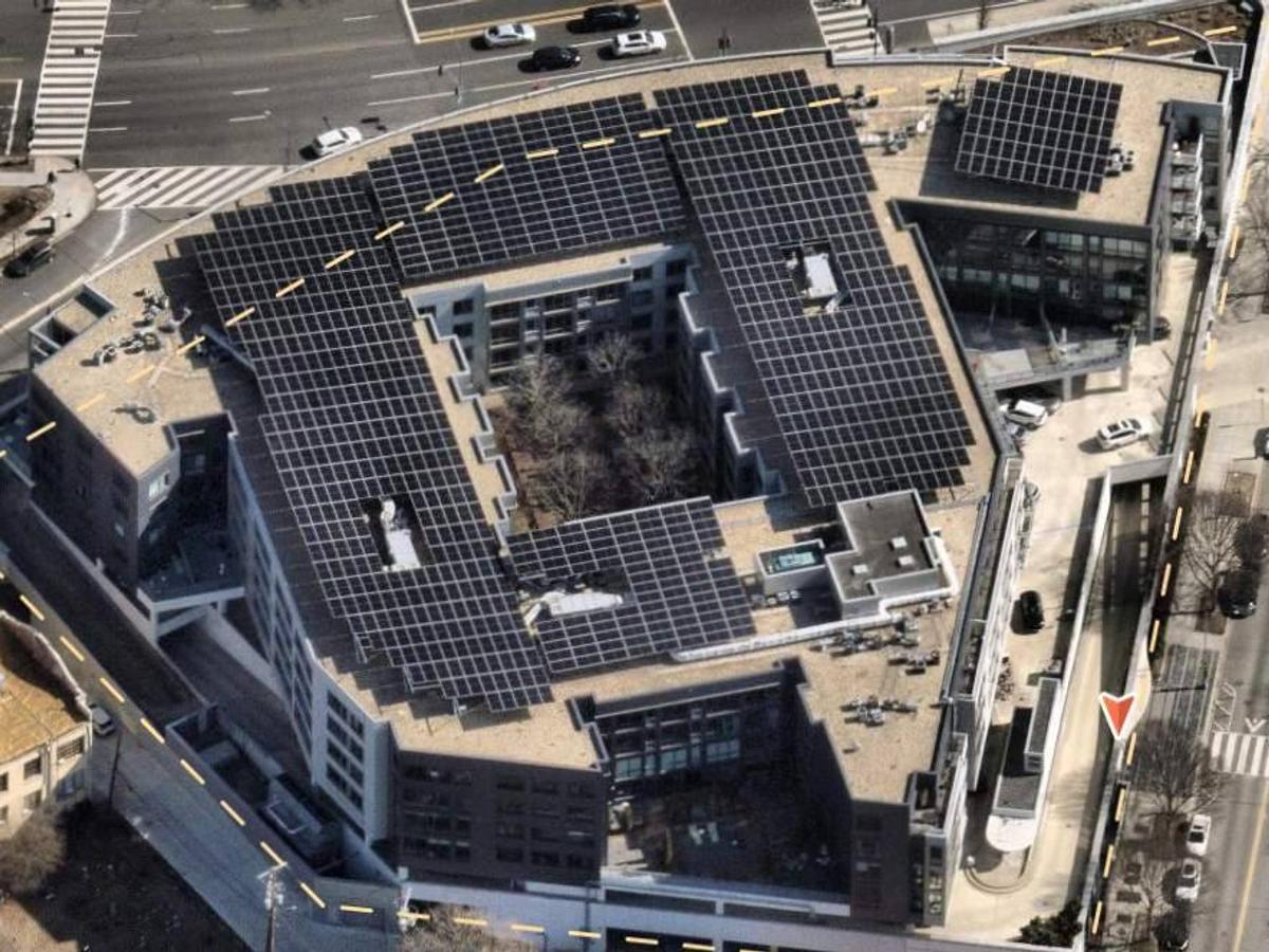 Aerial view of the Cityline roof after the solar canopy was installed
