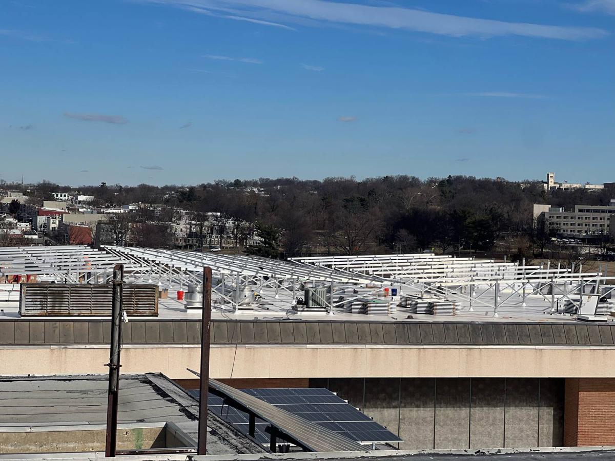 Racking frames on the roof of Locke Hall before the panels were installed