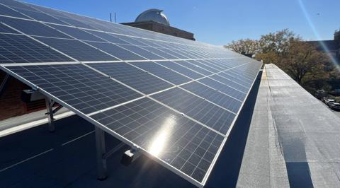 High tilt solar array along the roof edge at Locke Hall