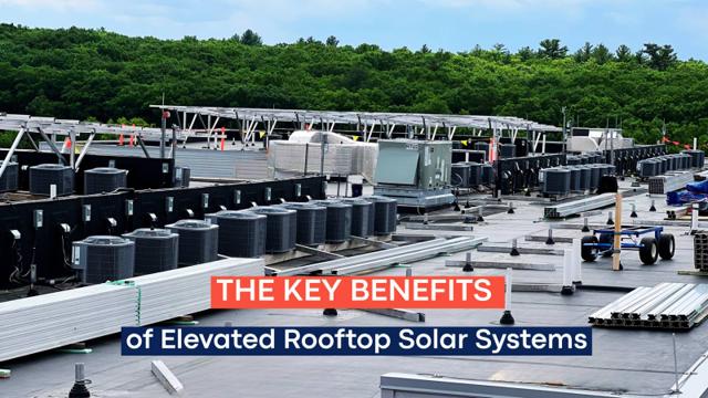 Banner reading The Key Benefits of Elevated Rooftop Solar Systems, over racking above rooftop condensers