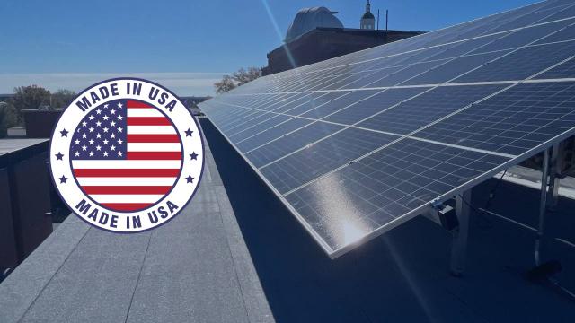 Made in USA badge over a rooftop solar array
