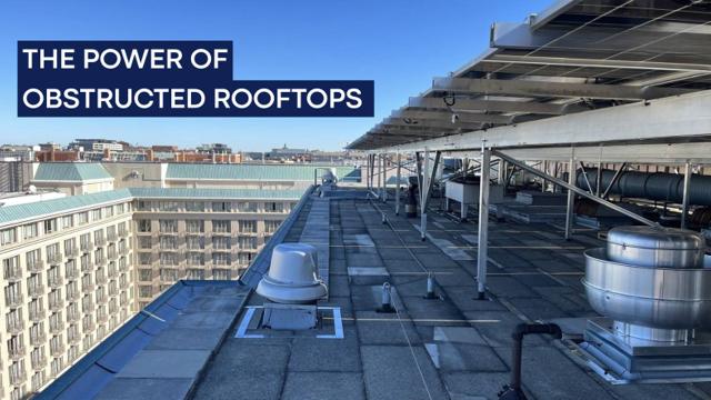 Banner reading The Power of Obstructed Rooftops, over a solar canopy above roof vents