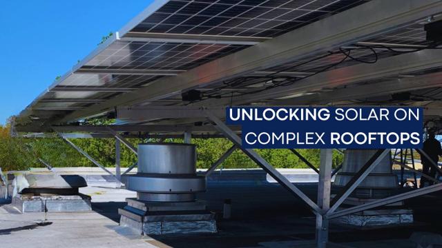 Banner reading Unlocking Solar on Complex Rooftops, under a solar canopy above a roof vent