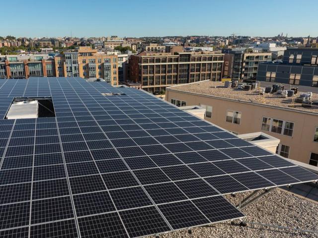 Solar canopy covering the roof of 1441 Rhode Island Ave., with neighboring buildings beyond
