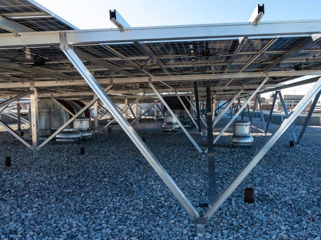W-shaped racking support beneath the solar canopy at 1441 Rhode Island Ave.