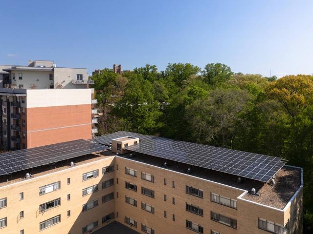Aerial view of the solar canopy on the roof of the 3801 Connecticut Ave. apartment building