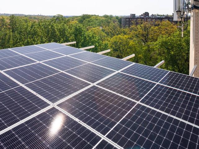 Close view of solar panels on the canopy at 3801 Connecticut Ave.