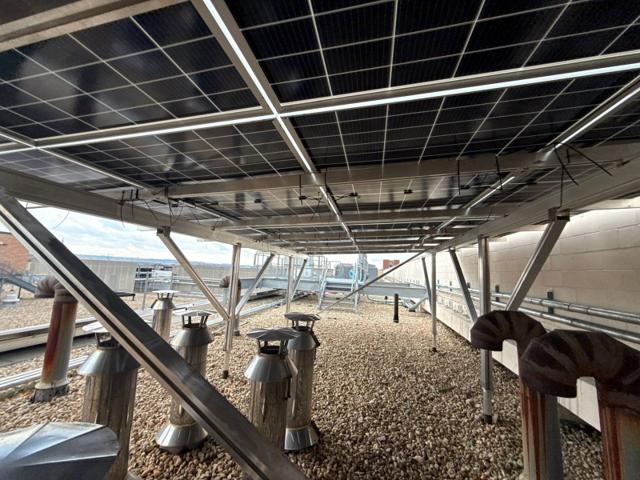 Roof vent stacks beneath the solar canopy at 616
