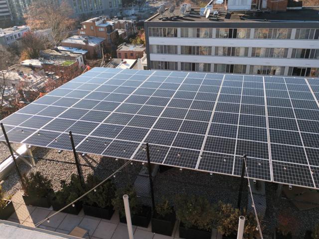 Aerial view of the solar canopy over the roof at 925