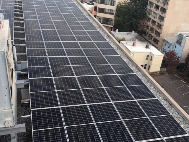 Long solar array along the roof at 925, seen from above