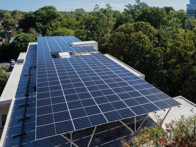 Aerial view of the solar canopy covering a roof wing at Kenmore