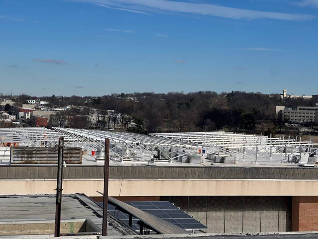 Racking frames on the roof of Locke Hall before the panels were installed