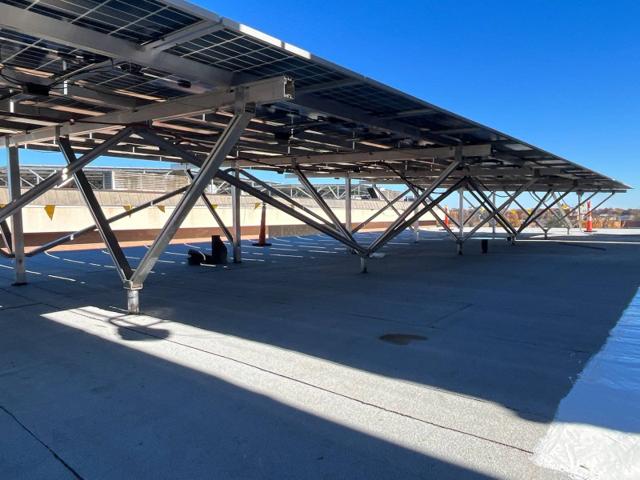 Elevated W System solar canopy above the roof at Locke Hall