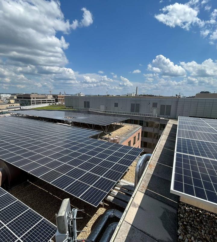 Solar canopies across a downtown Washington rooftop