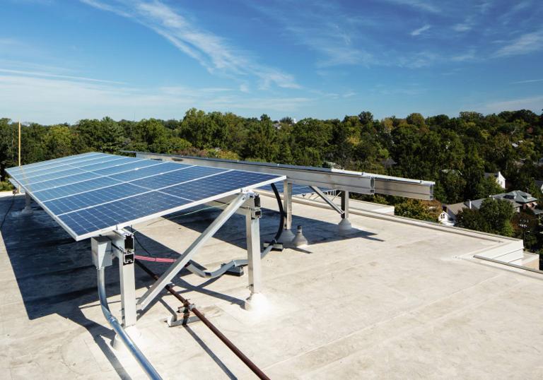 Small elevated solar canopy on the roof of Kenmore