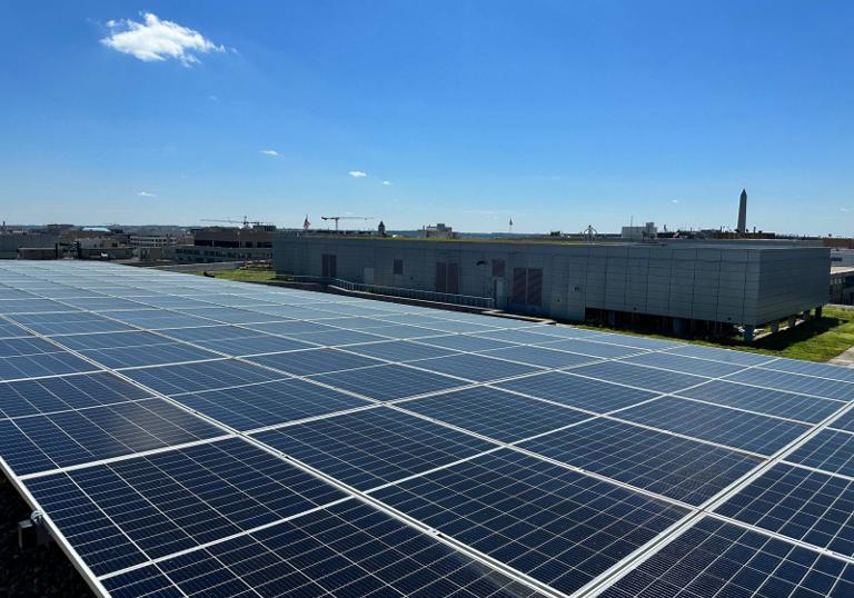 Solar panels across the roof of Washington Square