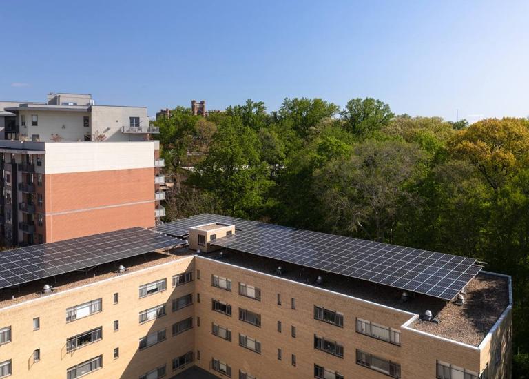 Aerial view of the solar canopy on the roof of the 3801 Connecticut Ave. apartment building