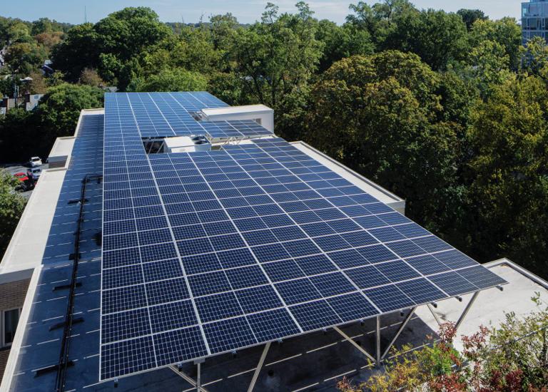 Aerial view of the solar canopy covering a roof wing at Kenmore