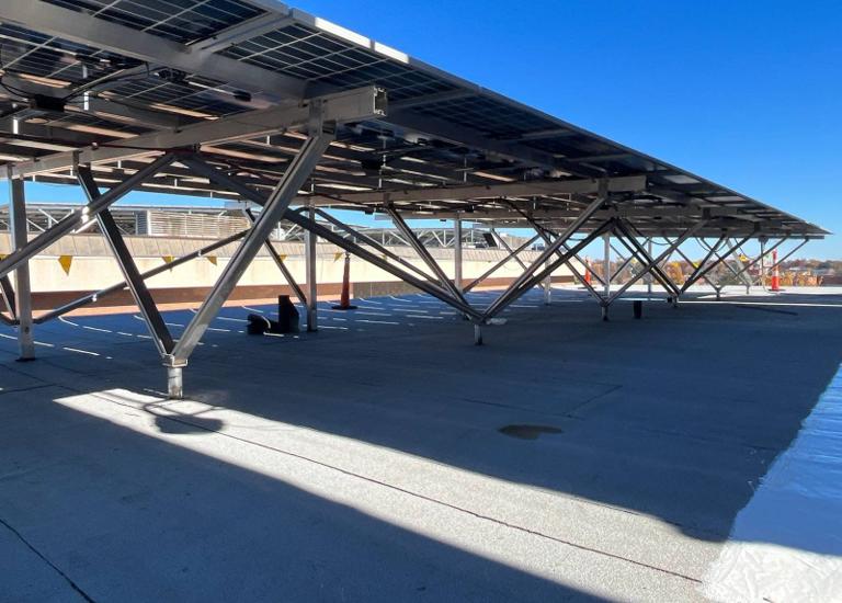Elevated W System solar canopy above the roof at Locke Hall