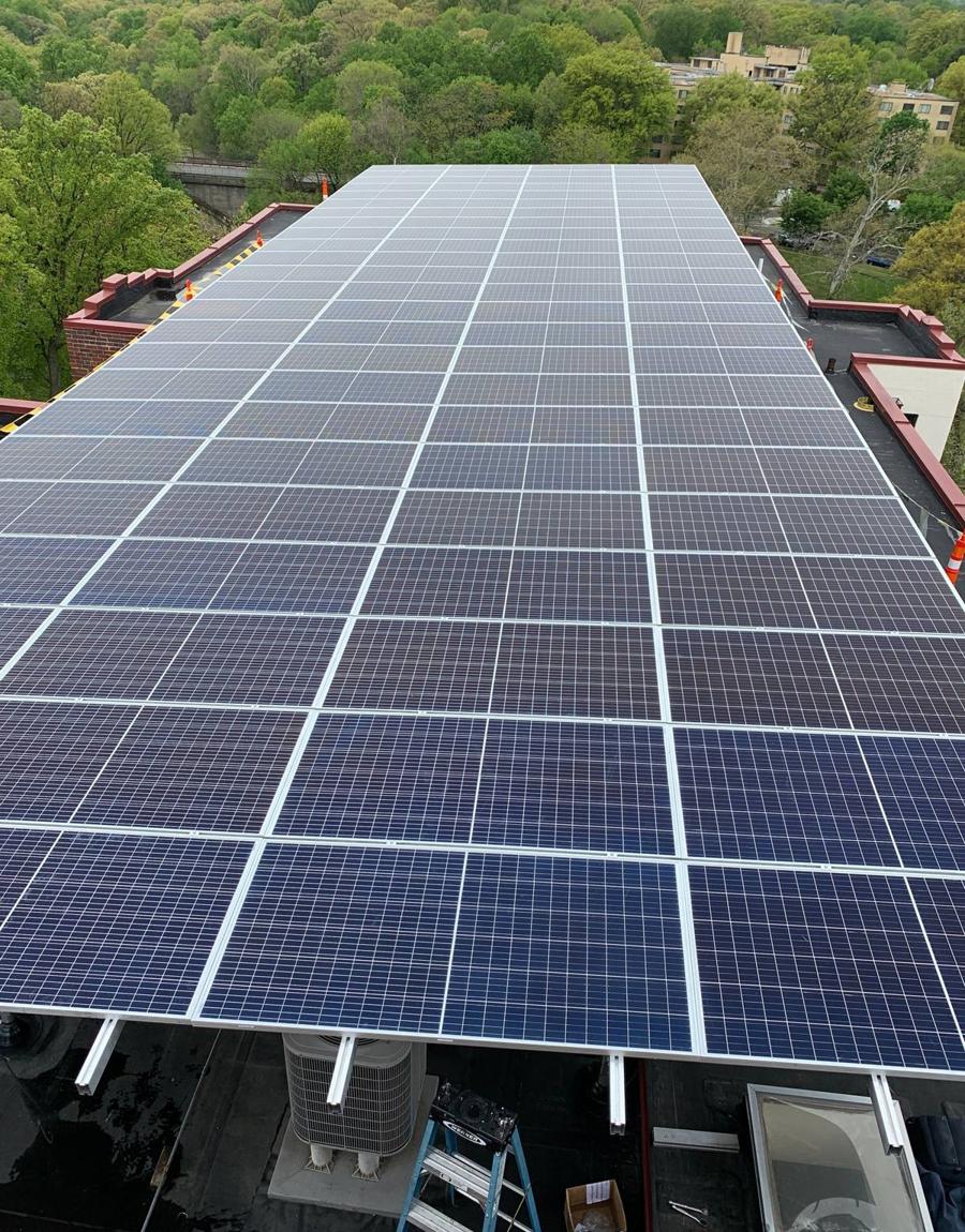 Aerial view of the solar canopy covering the roof of Randolph Towers