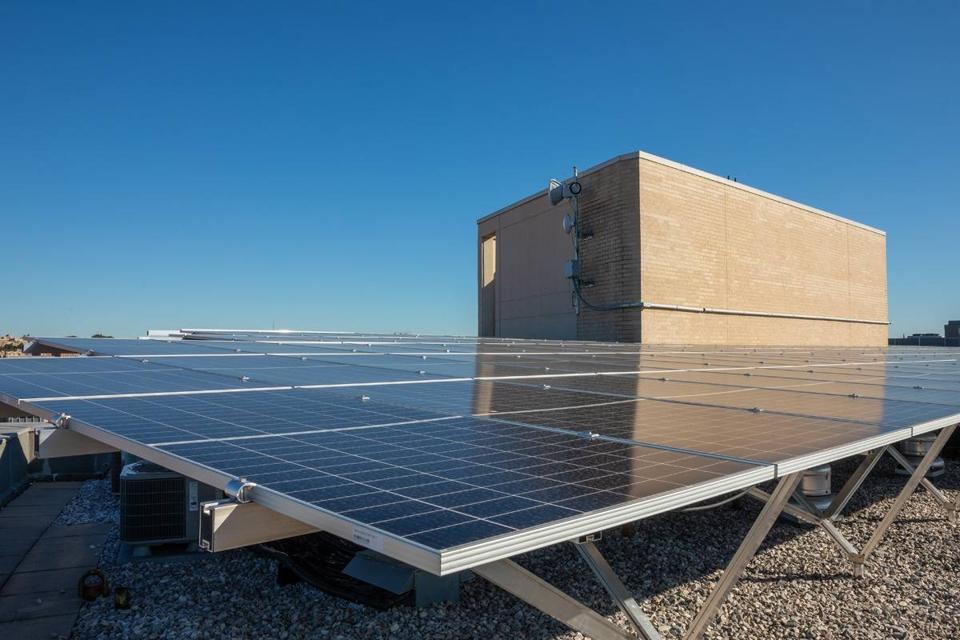 Elevated solar canopy beside the penthouse on the roof of 1441 Rhode Island Ave.