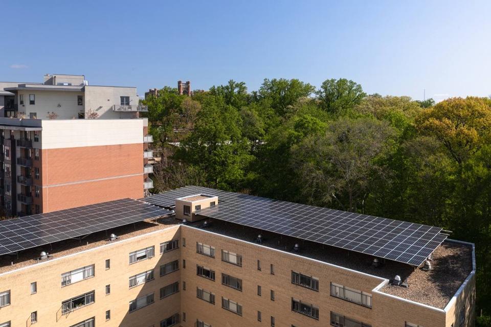 Aerial view of the solar canopy on the roof of the 3801 Connecticut Ave. apartment building