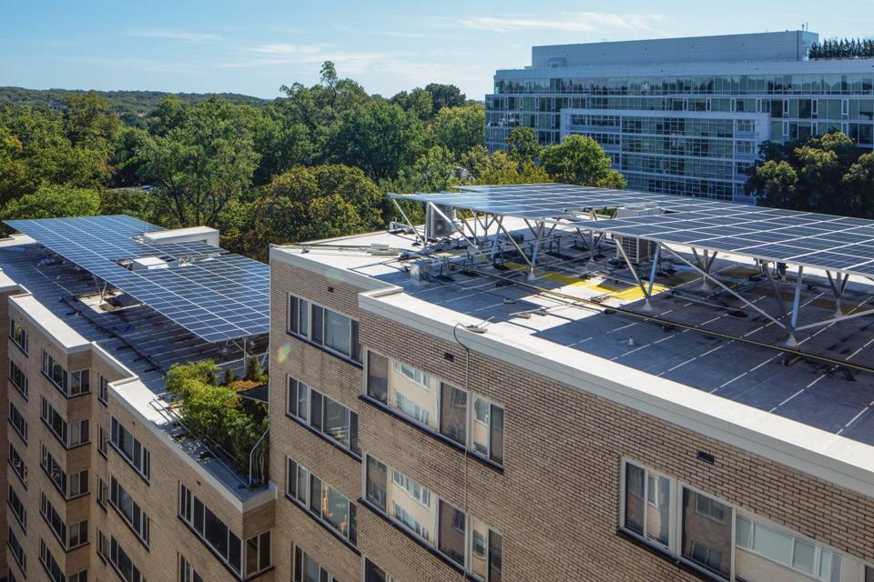Aerial view of solar canopies on the roof of the Kenmore apartment building