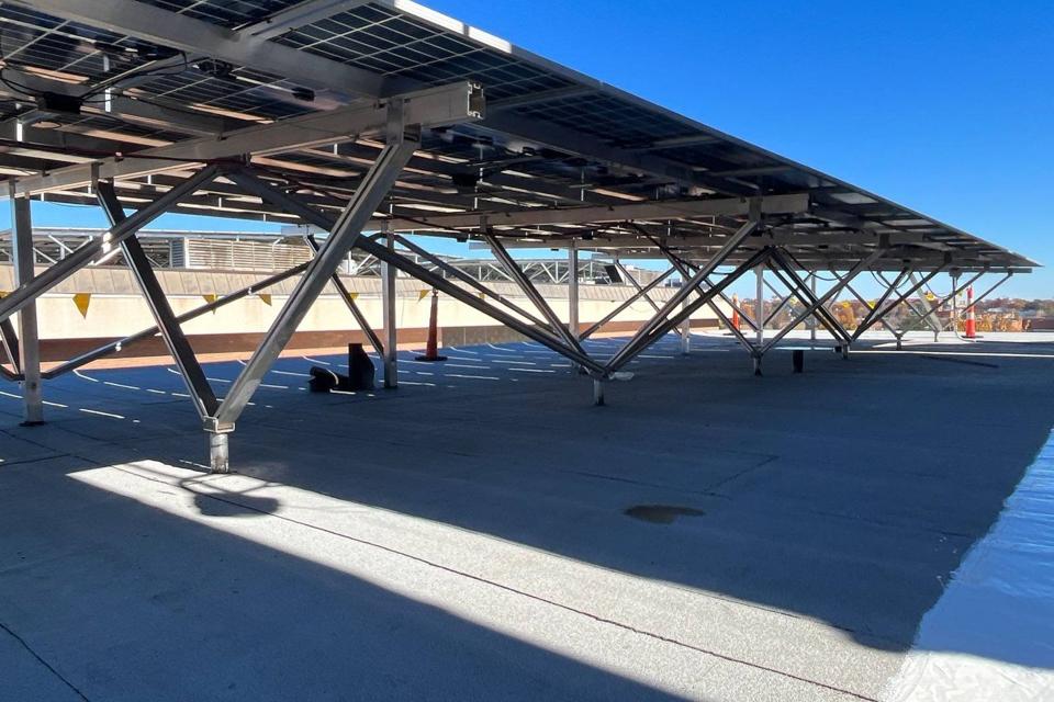 Elevated W System solar canopy above the roof at Locke Hall